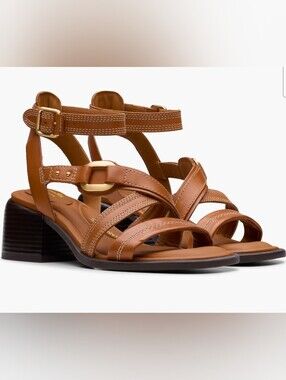 Clarks Morwyn Strap Leather Block Heel Sandals Tan Brown NWOB Women's 8M Office